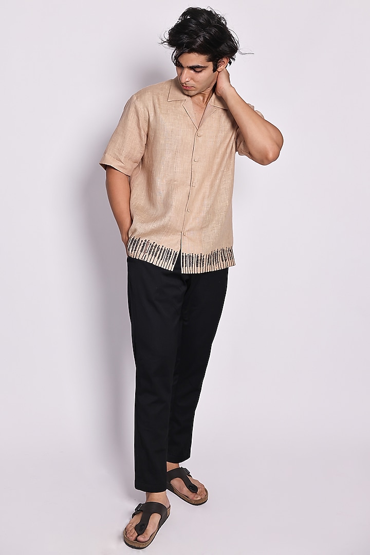 Beige Linen Abstract Printed & Hand Embroidered Party Wear Shirt by ARYA GIRI MEN at Pernia's Pop Up Shop