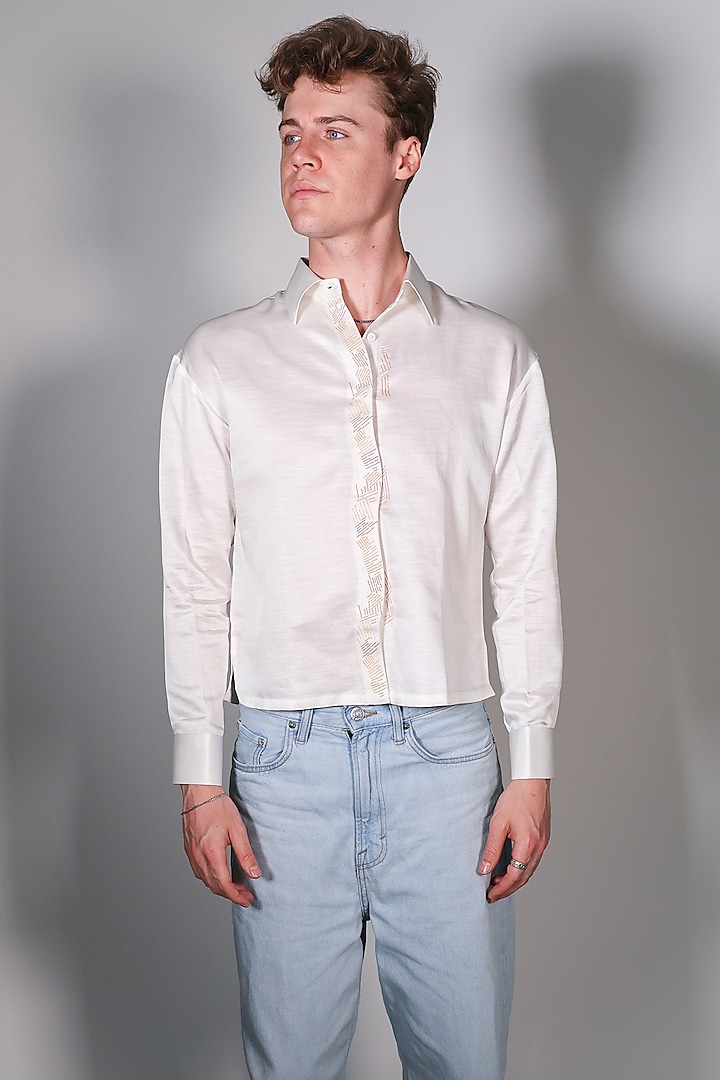 White Linen Satin Printed & Embroidered Shirt by Arya Giri