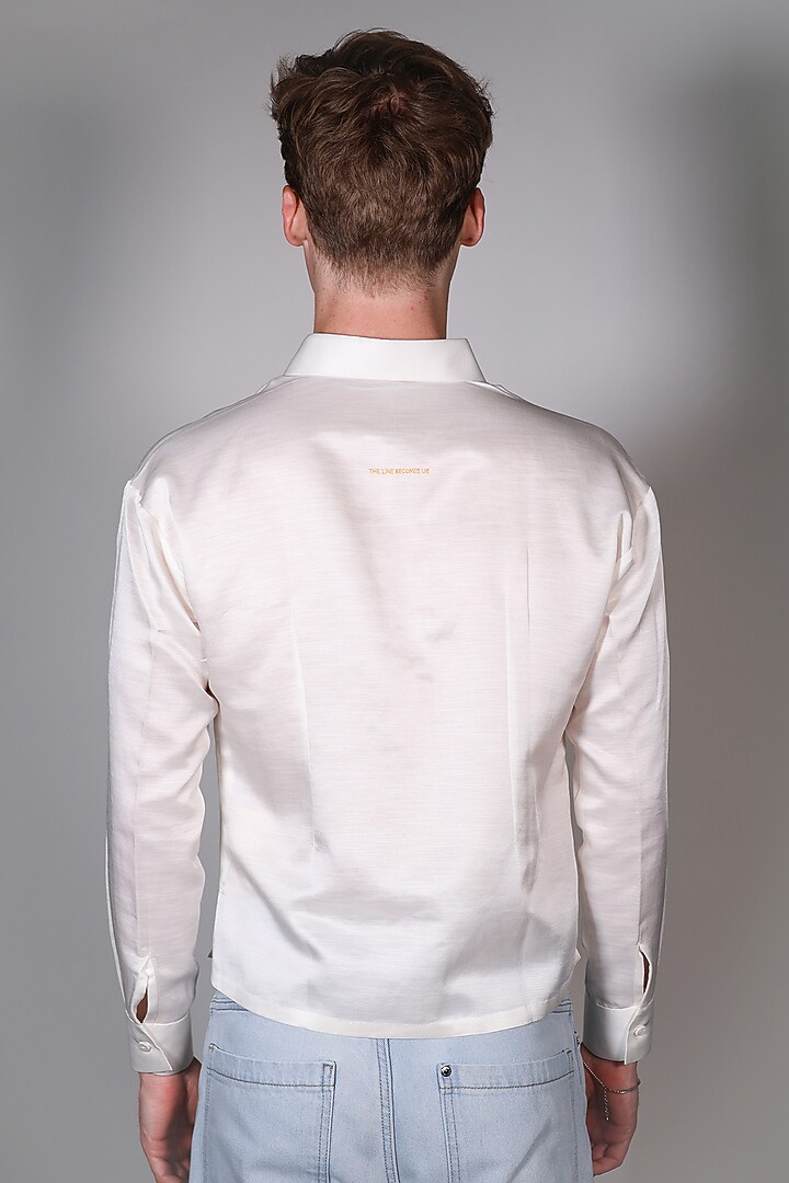 White Linen Satin Printed & Embroidered Party Wear Shirt by ARYA GIRI MEN at Pernia's Pop Up Shop