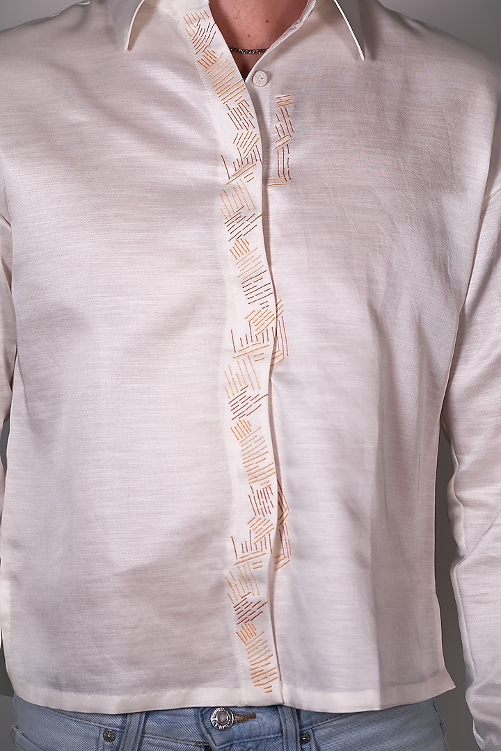 White Linen Satin Printed & Embroidered Party Wear Shirt by ARYA GIRI MEN at Pernia's Pop Up Shop