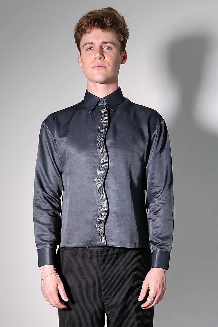 Grey Linen Satin Printed & Embroidered Shirt by Arya Giri