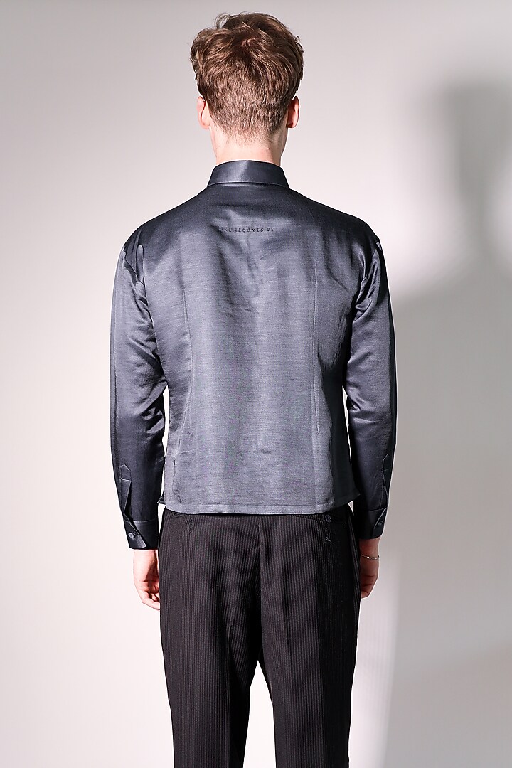 Grey Linen Satin Printed & Embroidered Party Wear Shirt by ARYA GIRI MEN at Pernia's Pop Up Shop