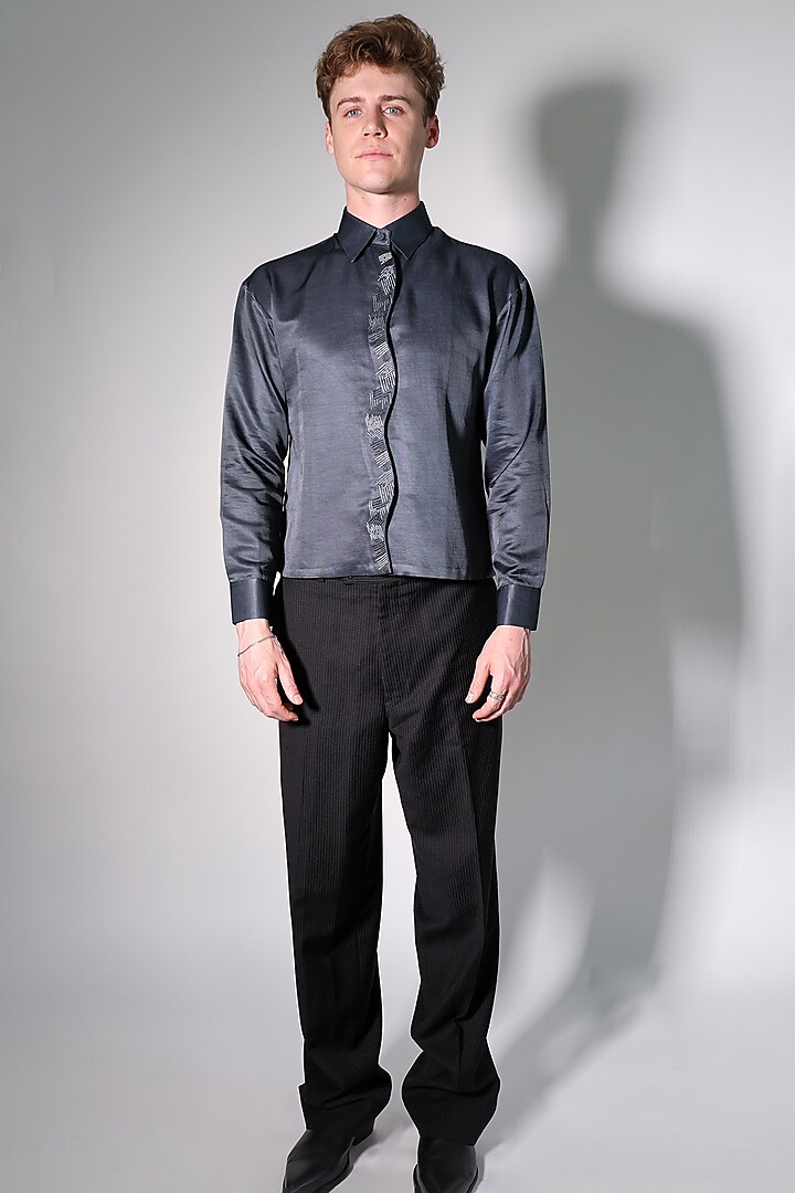 Grey Linen Satin Printed & Embroidered Party Wear Shirt by ARYA GIRI MEN at Pernia's Pop Up Shop