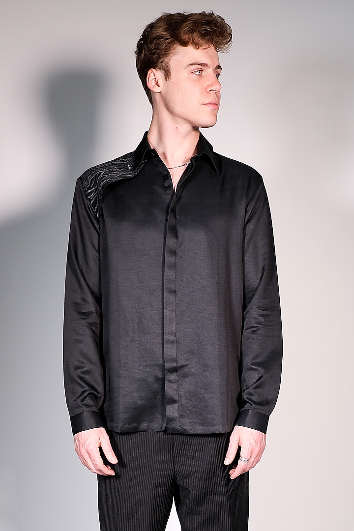 Black Linen Satin Printed & Embroidered Shirt by Arya Giri at Pernia's Pop Up Shop