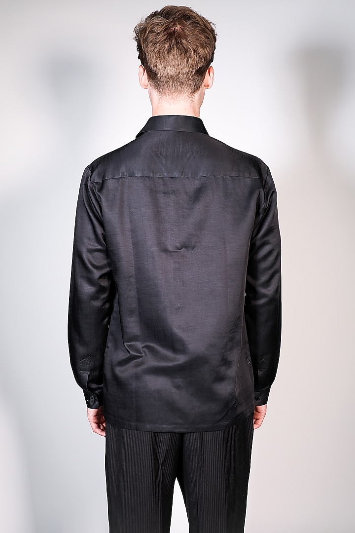 Black Linen Satin Printed & Embroidered Party Wear Shirt by ARYA GIRI MEN at Pernia's Pop Up Shop