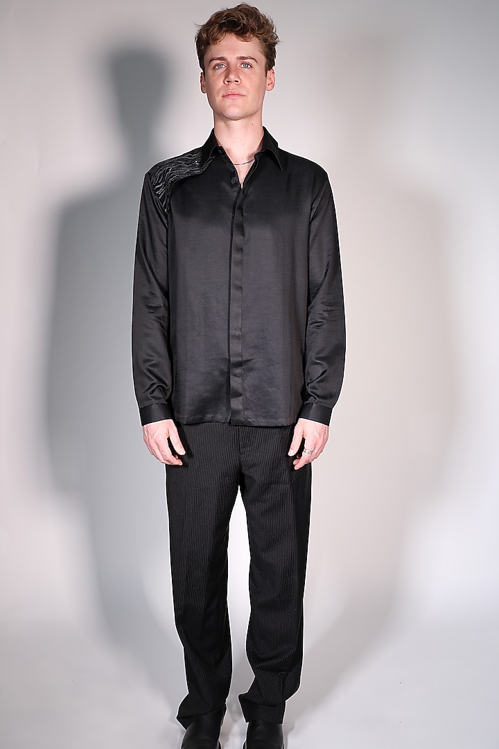 Black Linen Satin Printed & Embroidered Party Wear Shirt by ARYA GIRI MEN at Pernia's Pop Up Shop