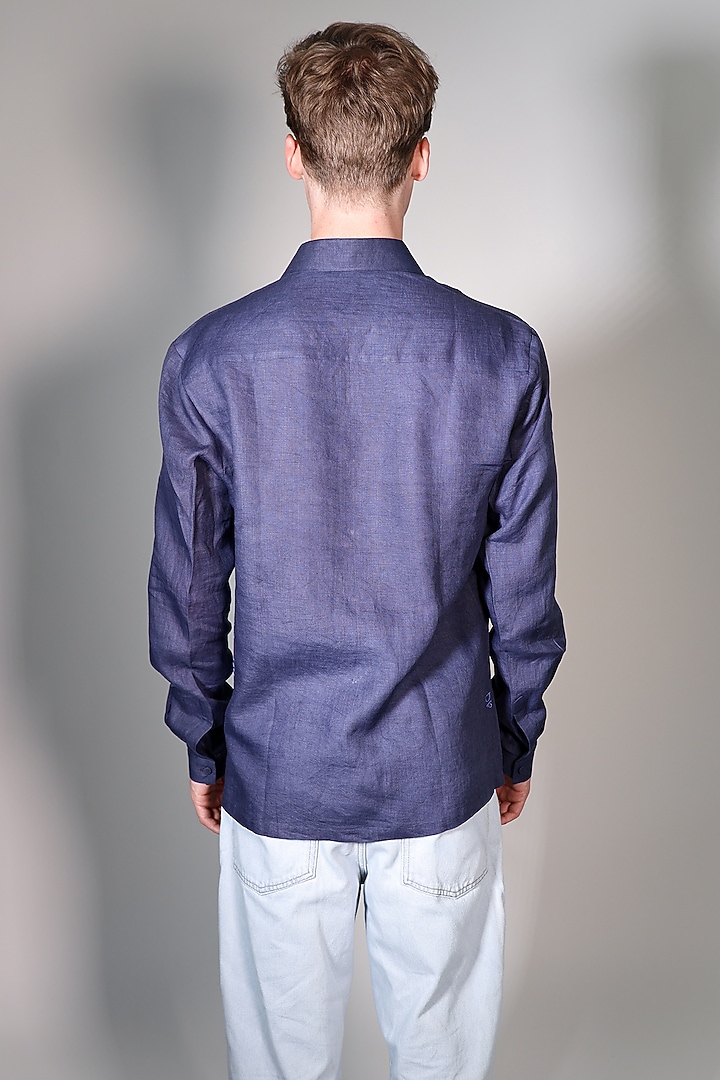Blue Linen Printed & Embroidered Party Wear Shirt by ARYA GIRI MEN at Pernia's Pop Up Shop
