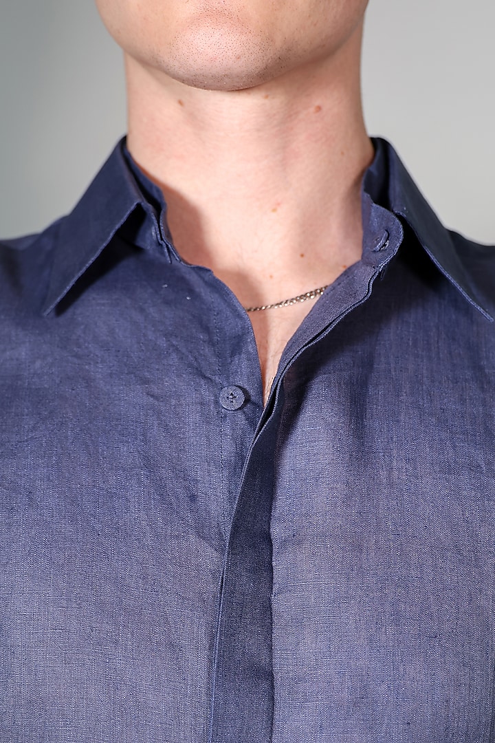 Blue Linen Printed & Embroidered Party Wear Shirt by ARYA GIRI MEN at Pernia's Pop Up Shop