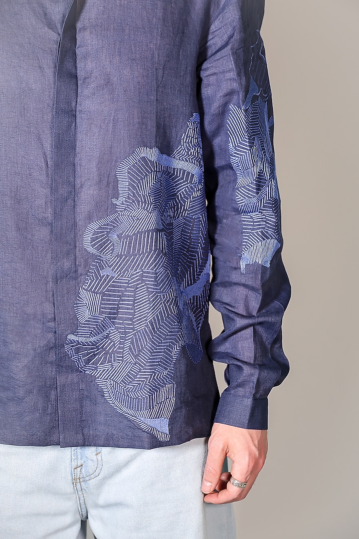 Blue Linen Printed & Embroidered Party Wear Shirt by ARYA GIRI MEN at Pernia's Pop Up Shop