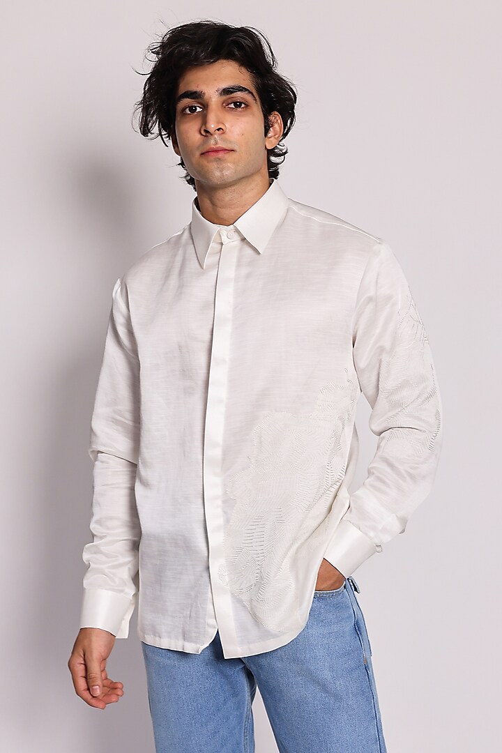 White Linen Printed & Embroidered Shirt by Arya Giri at Pernia's Pop Up Shop