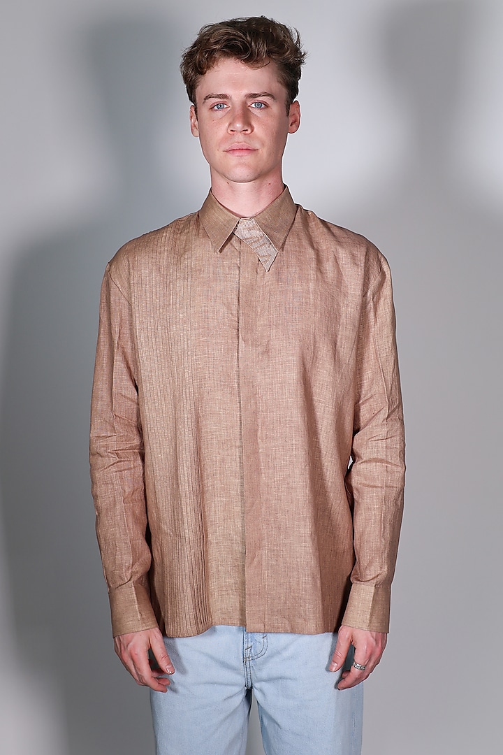 Beige Linen Printed & Embroidered Shirt by Arya Giri