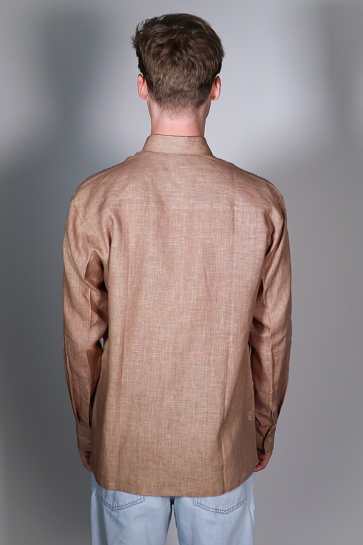 Beige Linen Printed & Embroidered Party Wear Shirt by ARYA GIRI MEN at Pernia's Pop Up Shop
