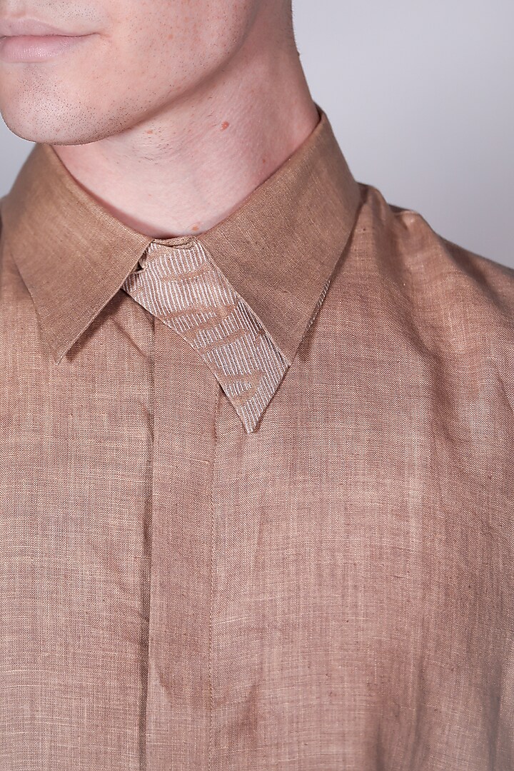 Beige Linen Printed & Embroidered Party Wear Shirt by ARYA GIRI MEN at Pernia's Pop Up Shop