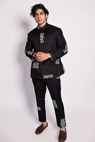Black Linen Satin Abstract Printed Bandhgala Set by Arya Giri Men