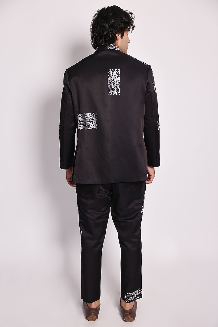 Black Linen Satin Abstract Printed Wedding Bandhgala Set by ARYA GIRI MEN at Pernia's Pop Up Shop