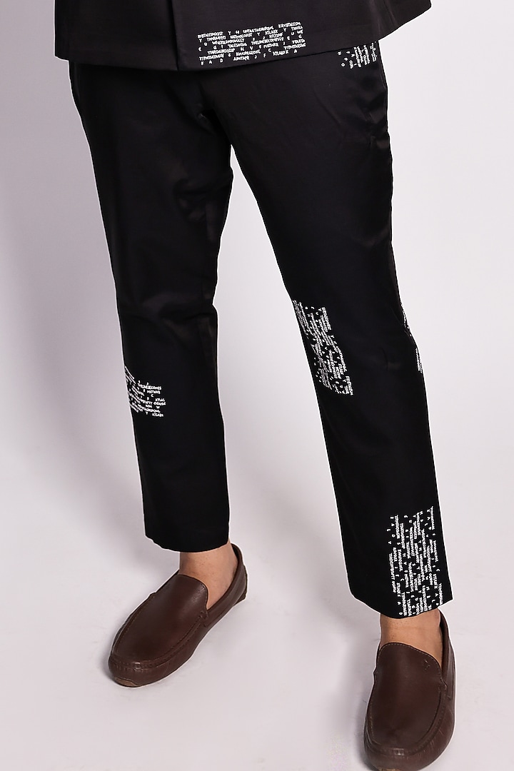 Black Linen Satin Abstract Printed Wedding Bandhgala Set by ARYA GIRI MEN at Pernia's Pop Up Shop