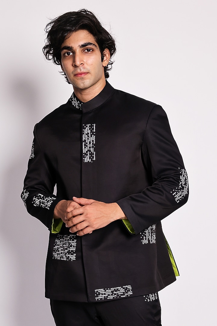 Black Linen Satin Abstract Printed Wedding Bandhgala Set by ARYA GIRI MEN at Pernia's Pop Up Shop