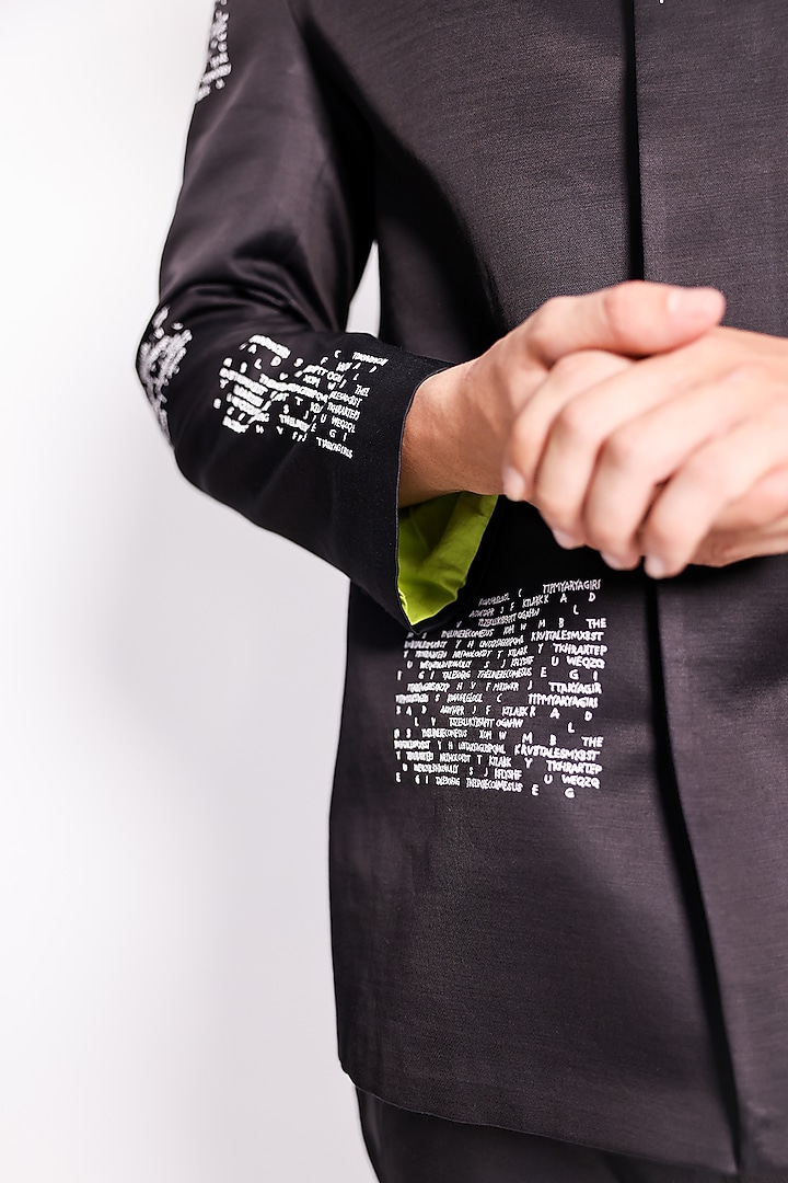 Black Linen Satin Abstract Printed Wedding Bandhgala Set by ARYA GIRI MEN at Pernia's Pop Up Shop