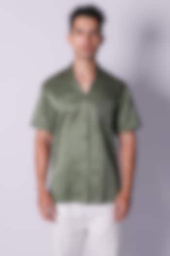 Olive Green Linen Satin Embroidered Party Wear Shirt by Arya Giri Men at Pernia's Pop Up Shop