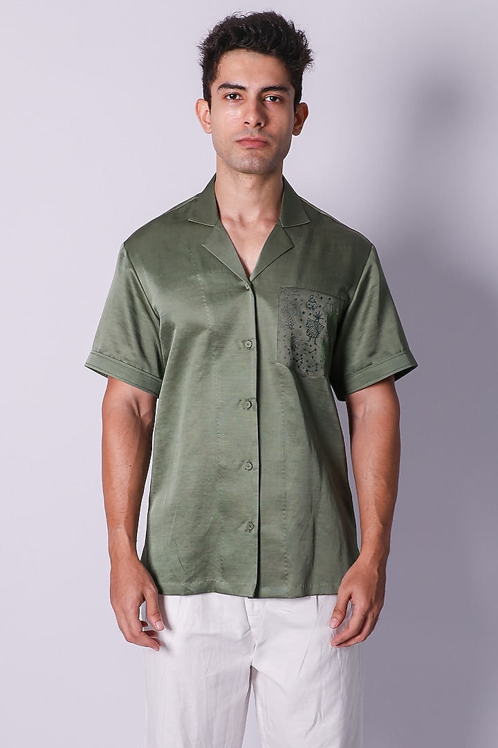 Olive Green Linen Satin Embroidered Party Wear Shirt by Arya Giri Men at Pernia's Pop Up Shop