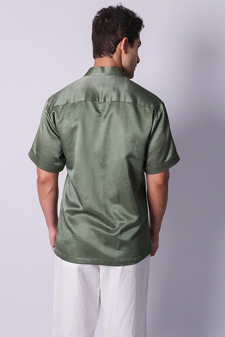 Olive Green Linen Satin Embroidered Party Wear Shirt by Arya Giri Men at Pernia's Pop Up Shop
