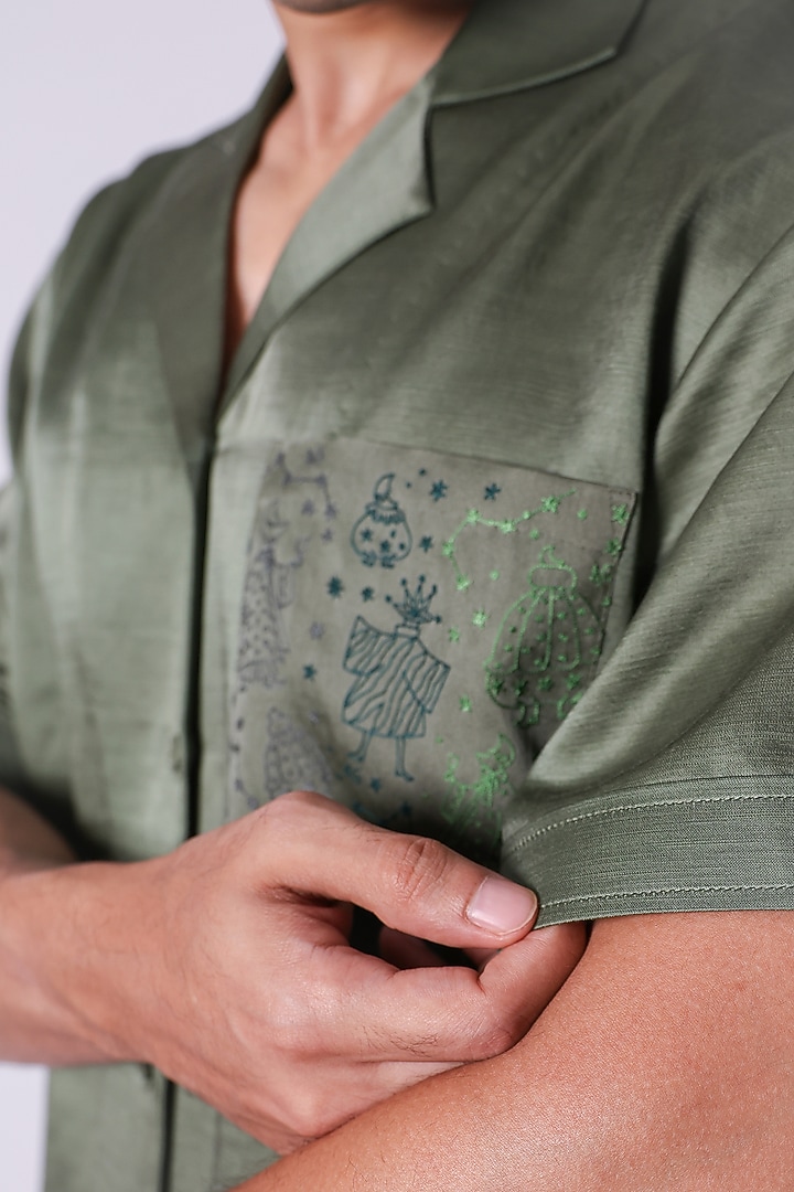 Olive Green Linen Satin Embroidered Party Wear Shirt by Arya Giri Men at Pernia's Pop Up Shop