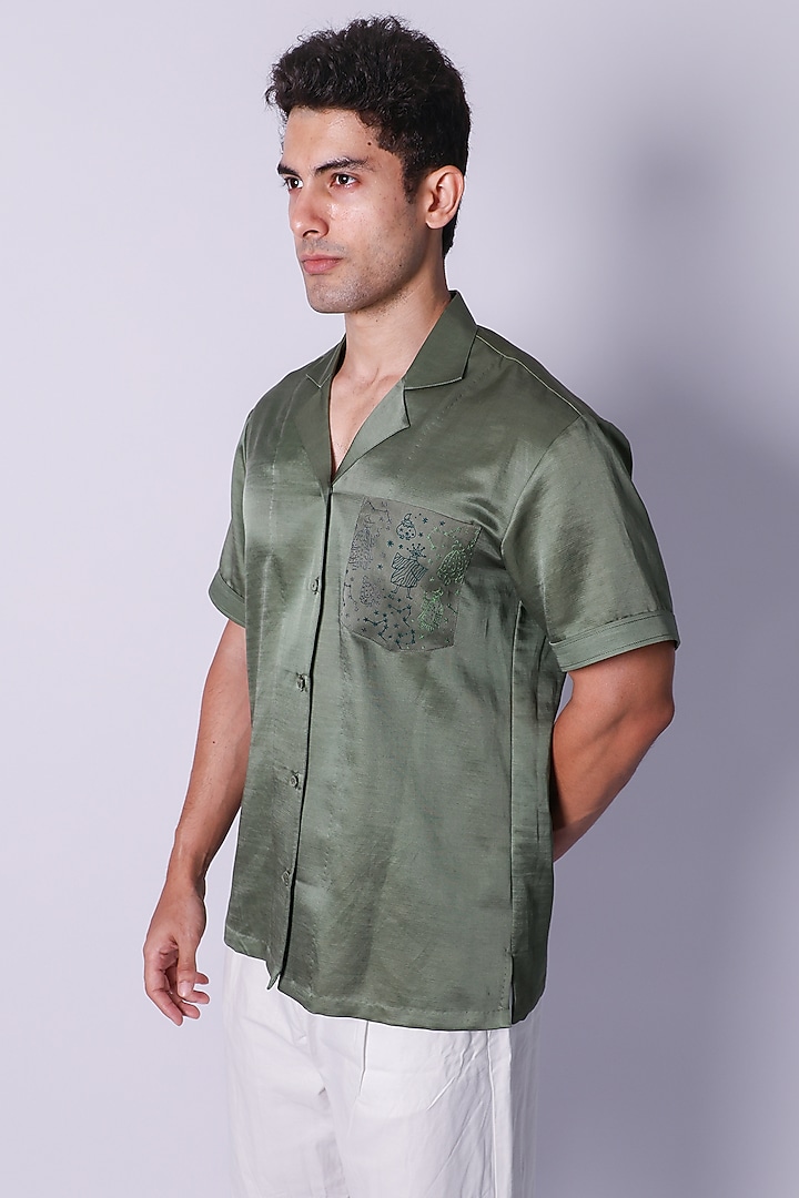Olive Green Linen Satin Embroidered Party Wear Shirt by Arya Giri Men at Pernia's Pop Up Shop
