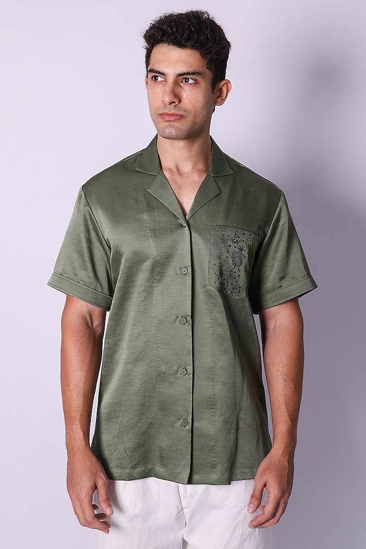 Olive Green Linen Satin Embroidered Party Wear Shirt by Arya Giri Men at Pernia's Pop Up Shop