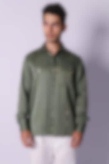 Olive Green Linen Satin Hand Embroidered Wedding Shirt by Arya Giri Men at Pernia's Pop Up Shop