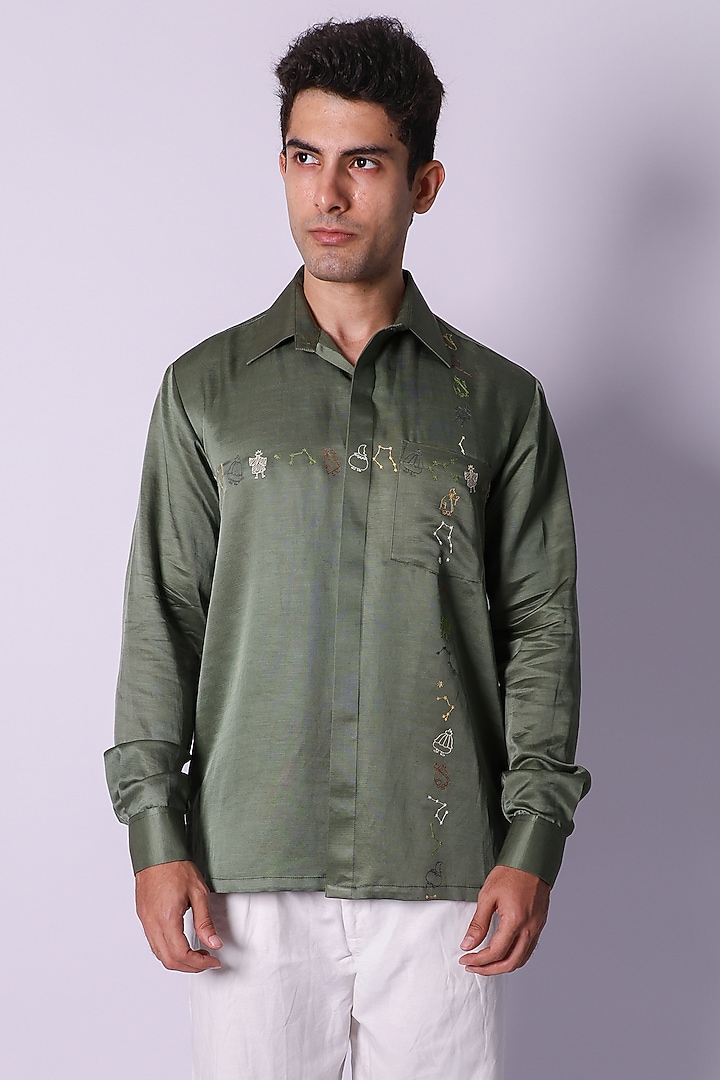 Olive Green Linen Satin Hand Embroidered Wedding Shirt by Arya Giri Men at Pernia's Pop Up Shop