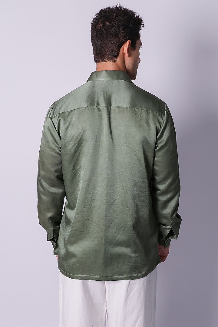 Olive Green Linen Satin Hand Embroidered Wedding Shirt by Arya Giri Men at Pernia's Pop Up Shop