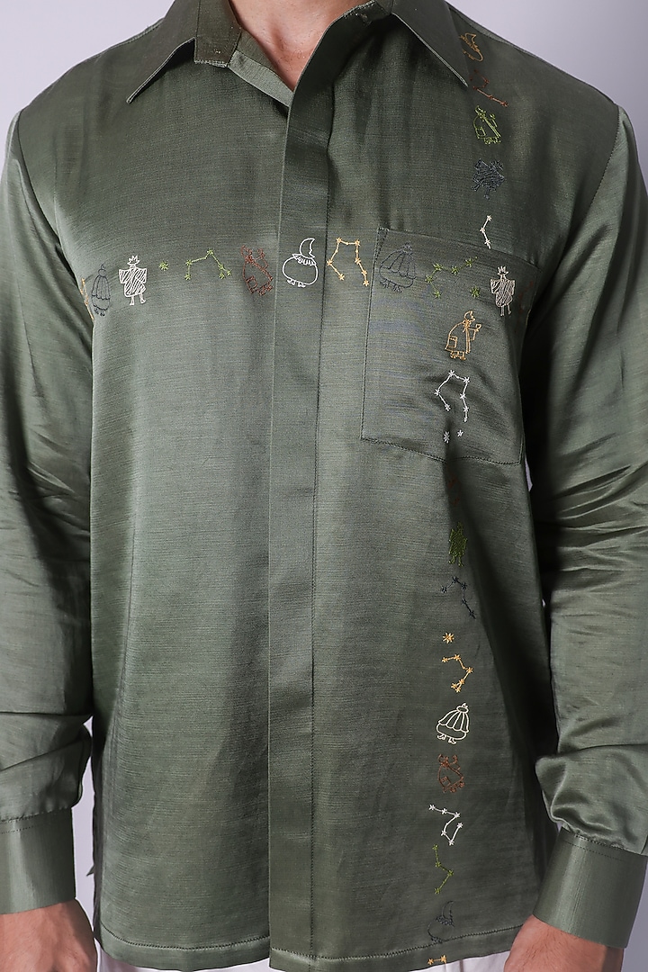 Olive Green Linen Satin Hand Embroidered Wedding Shirt by Arya Giri Men at Pernia's Pop Up Shop