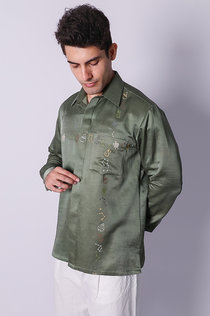 Olive Green Linen Satin Hand Embroidered Wedding Shirt by Arya Giri Men at Pernia's Pop Up Shop