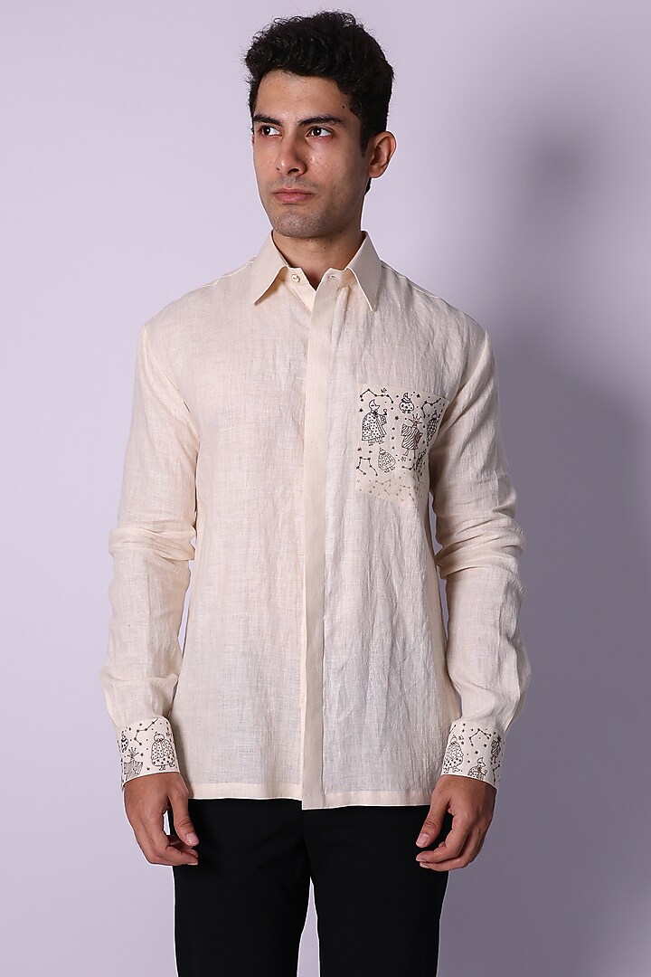 Ivory Linen Hand Embroidered Party Wear Shirt by Arya Giri Men at Pernia's Pop Up Shop