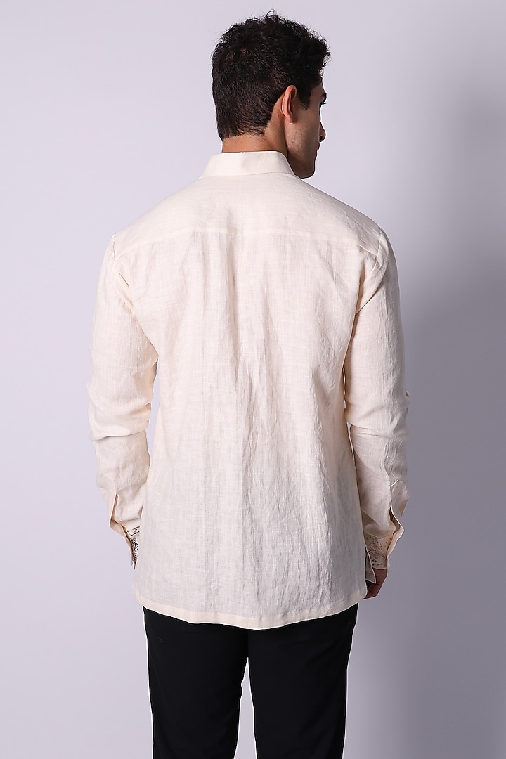 Ivory Linen Hand Embroidered Party Wear Shirt by Arya Giri Men at Pernia's Pop Up Shop