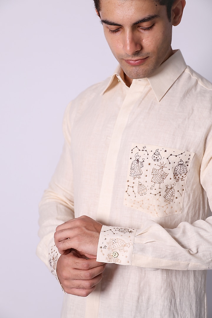 Ivory Linen Hand Embroidered Party Wear Shirt by Arya Giri Men at Pernia's Pop Up Shop