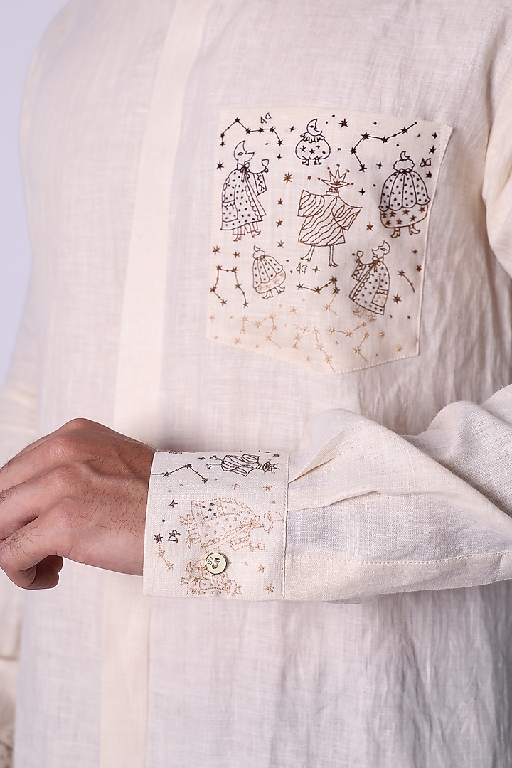 Ivory Linen Hand Embroidered Party Wear Shirt by Arya Giri Men at Pernia's Pop Up Shop
