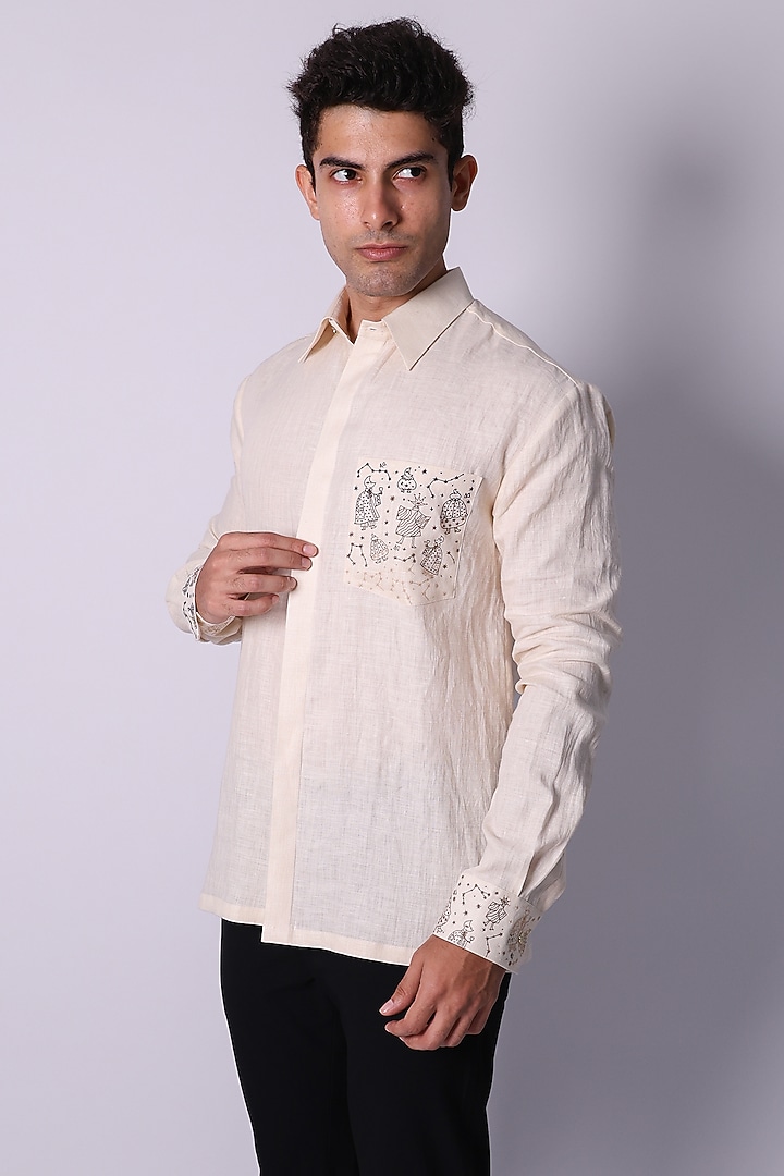 Ivory Linen Hand Embroidered Party Wear Shirt by Arya Giri Men at Pernia's Pop Up Shop