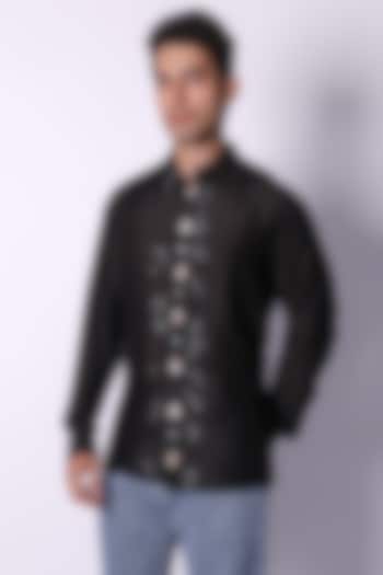 Black Cotton Hand Embroidered Party Wear Shirt by Arya Giri Men at Pernia's Pop Up Shop