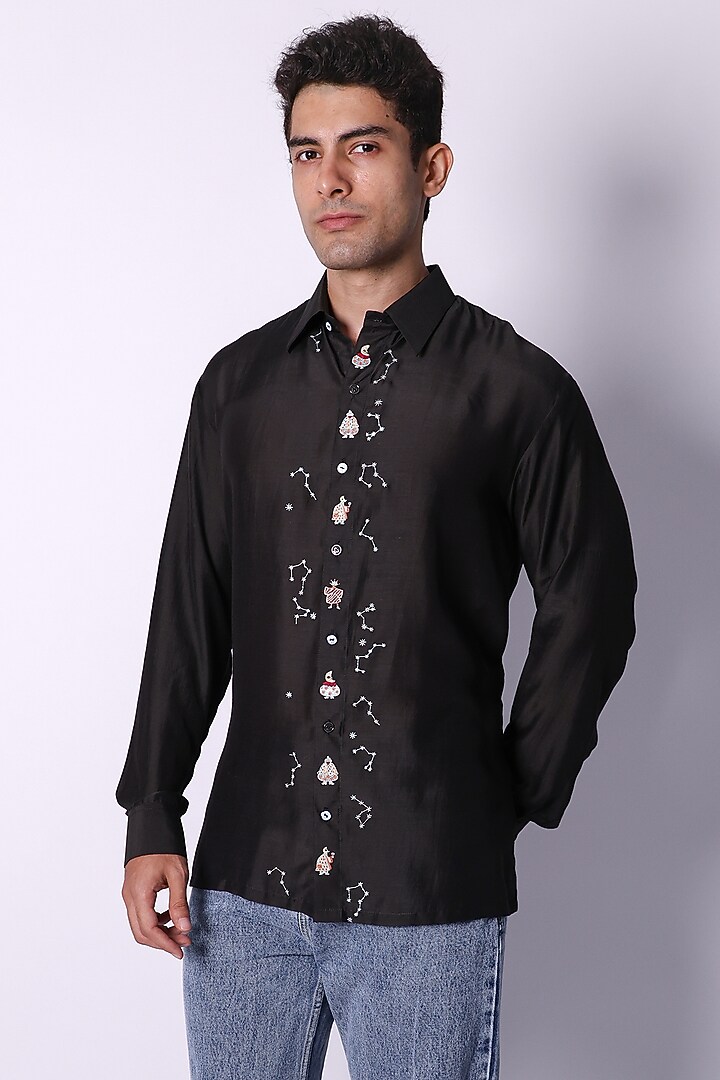 Black Cotton Hand Embroidered Party Wear Shirt by Arya Giri Men at Pernia's Pop Up Shop