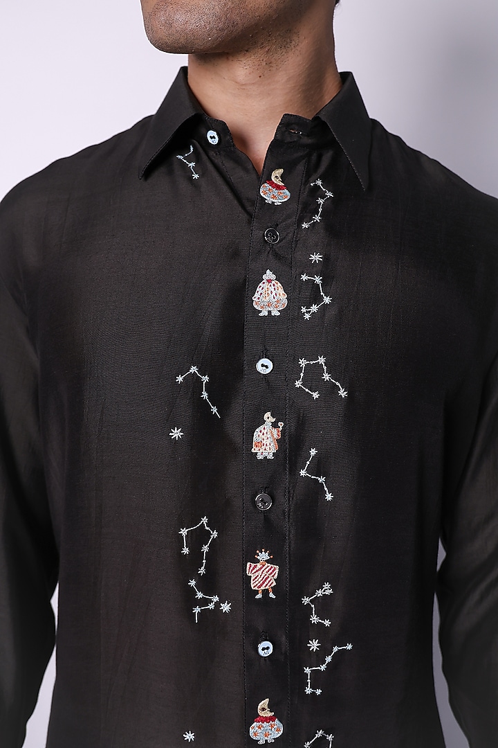 Black Cotton Hand Embroidered Party Wear Shirt by Arya Giri Men at Pernia's Pop Up Shop