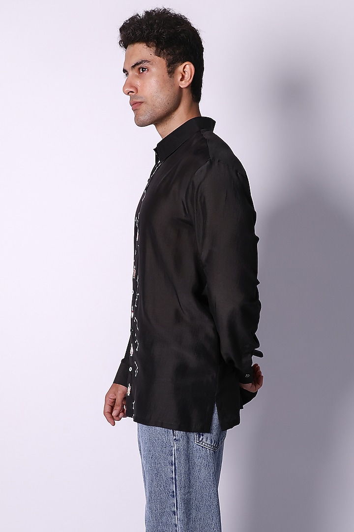 Black Cotton Hand Embroidered Party Wear Shirt by Arya Giri Men at Pernia's Pop Up Shop