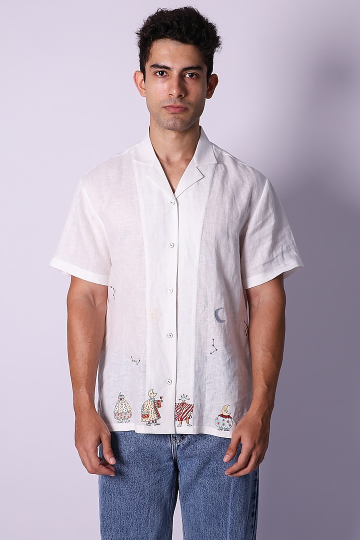 White Linen Embroidered Party Wear Shirt by Arya Giri Men at Pernia's Pop Up Shop