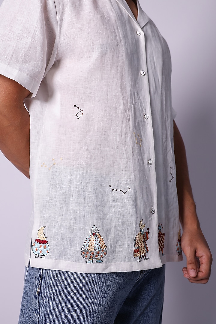 White Linen Embroidered Party Wear Shirt by Arya Giri Men at Pernia's Pop Up Shop