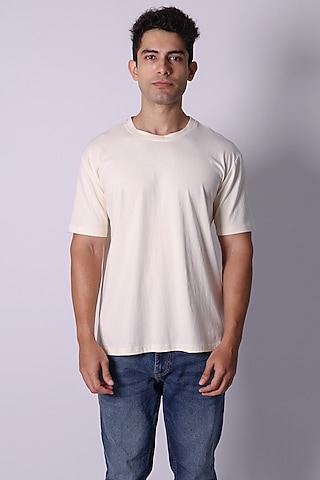 Ivory Knit Fabric Hand Embroidered T-Shirt by Arya Giri Men