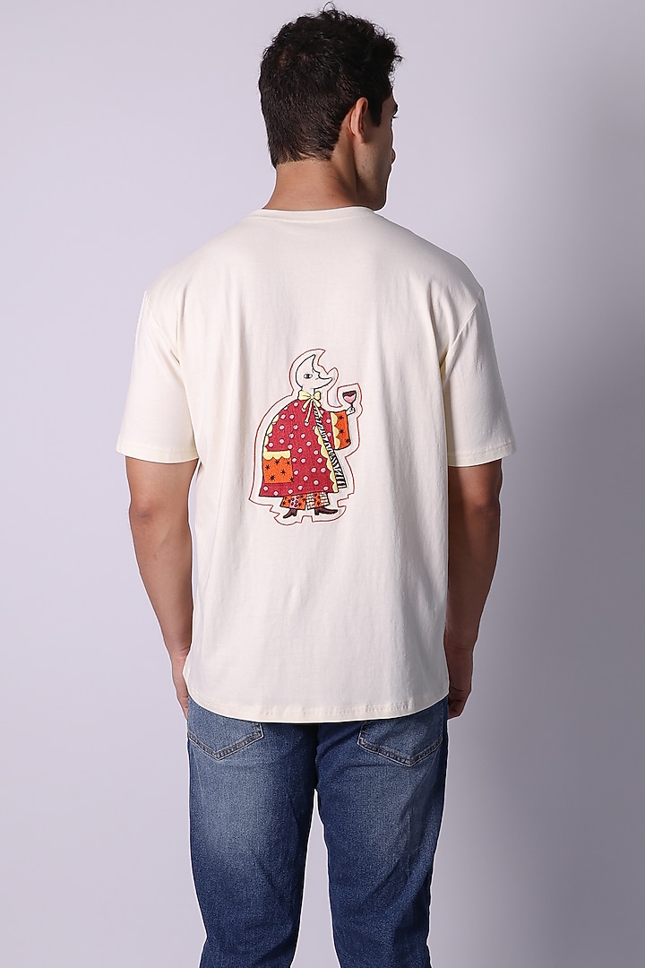 Ivory Knit Fabric Hand Embroidered T-Shirt by Arya Giri Men at Pernia's Pop Up Shop