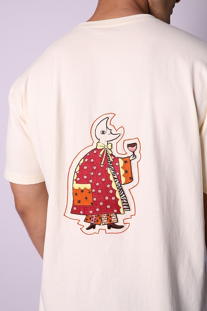Ivory Knit Fabric Hand Embroidered T-Shirt by Arya Giri Men at Pernia's Pop Up Shop