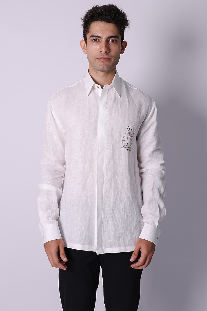 White Linen Hand Embroidered Party Wear Shirt by Arya Giri Men at Pernia's Pop Up Shop