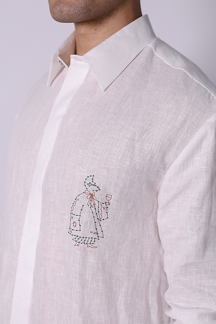 White Linen Hand Embroidered Party Wear Shirt by Arya Giri Men at Pernia's Pop Up Shop