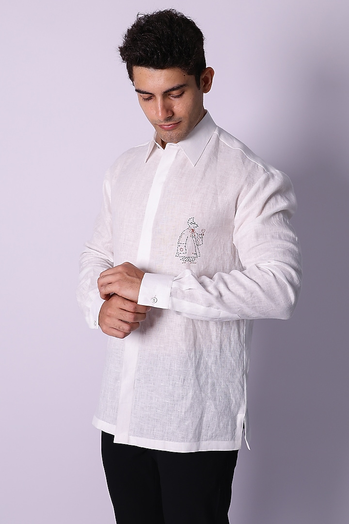 White Linen Hand Embroidered Party Wear Shirt by Arya Giri Men at Pernia's Pop Up Shop
